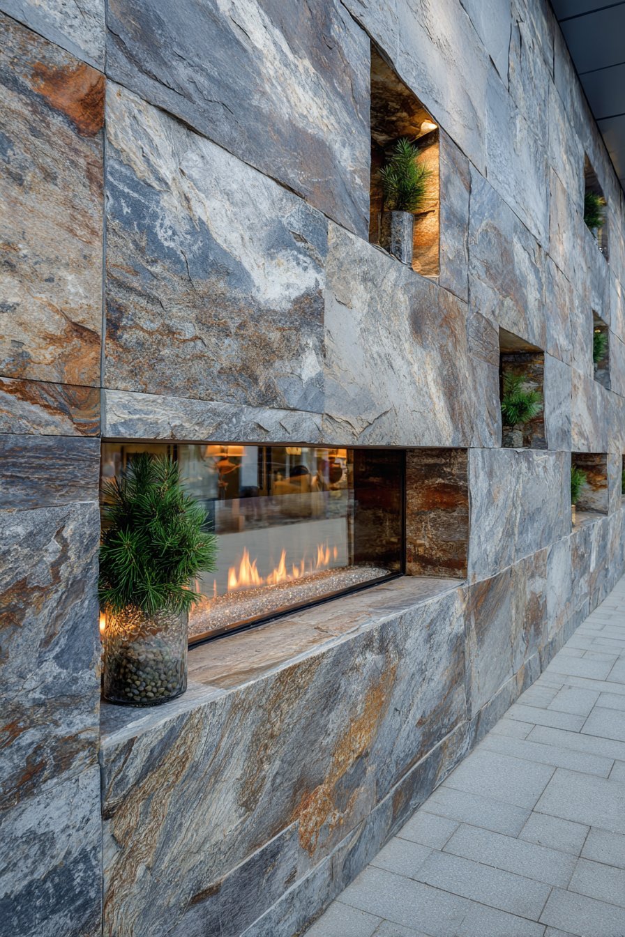 Mountain-Inspired Stone Veneer with Linear Fire Feature