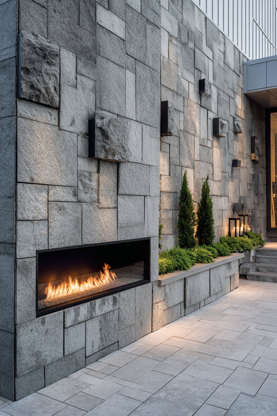 Mountain-Inspired Stone Veneer with Linear Fire Feature