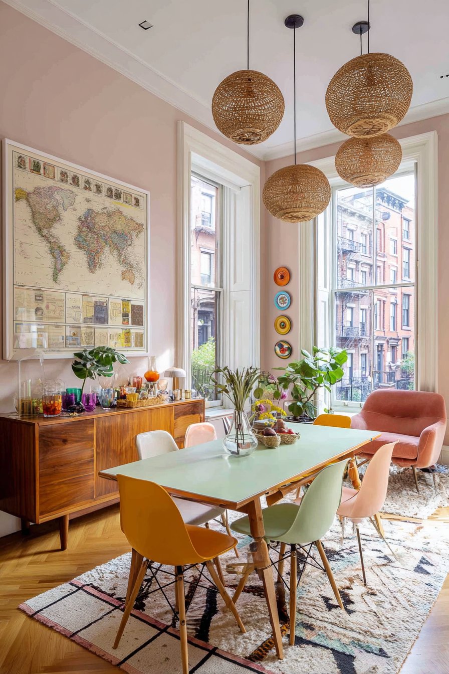 Mint Hairpin Table with Bright Molded Chairs