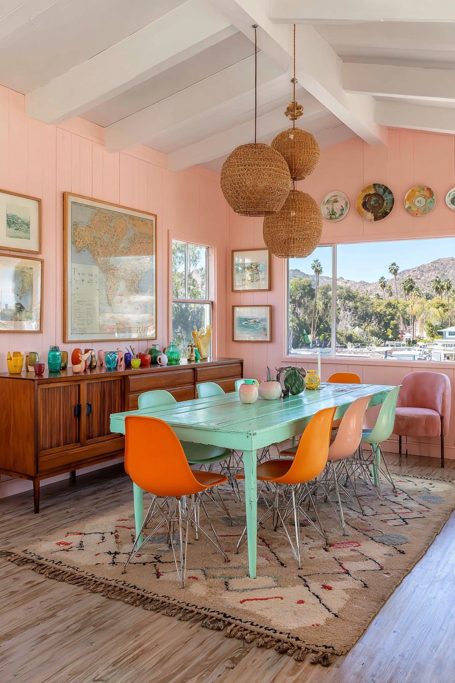 Mint Hairpin Table with Bright Molded Chairs