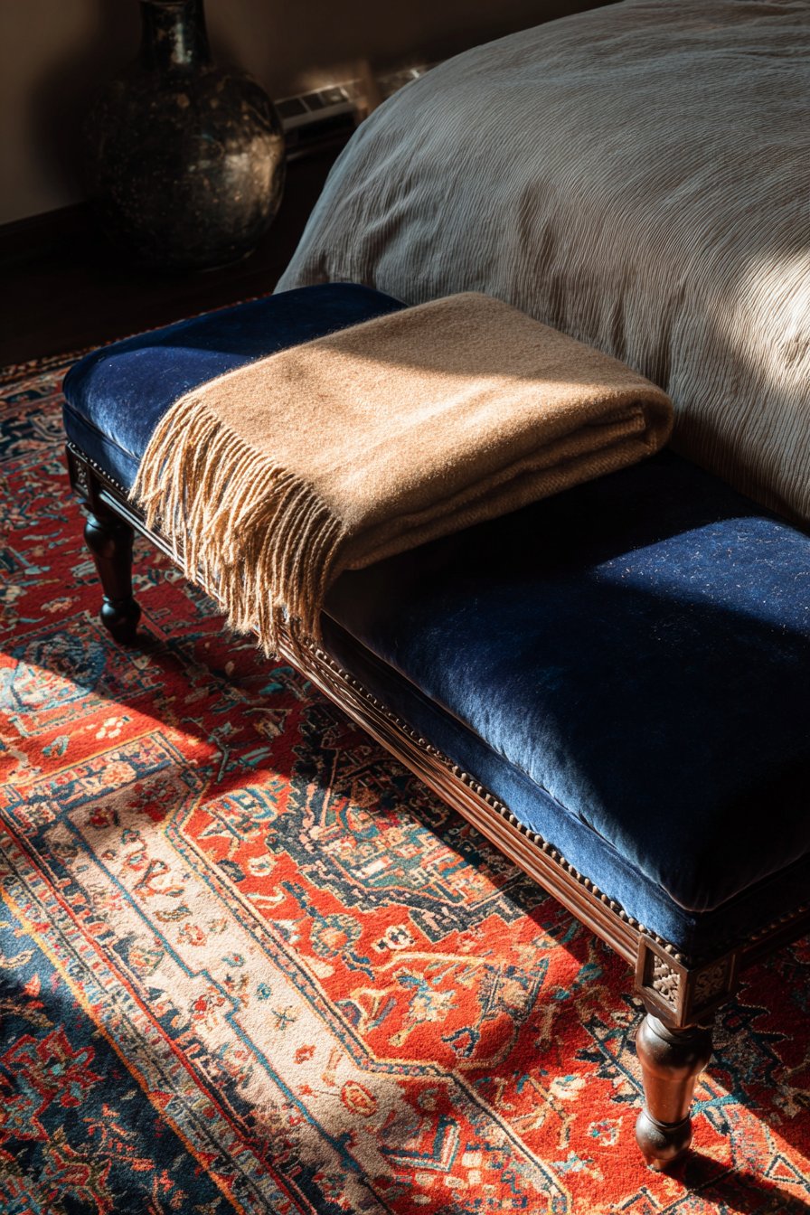 Navy Velvet Bench with Rolled Arms