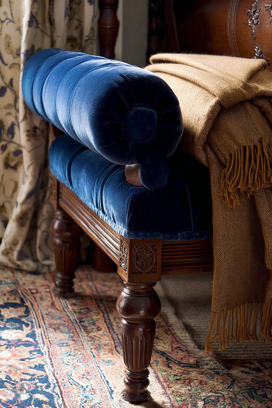 Navy Velvet Bench with Rolled Arms
