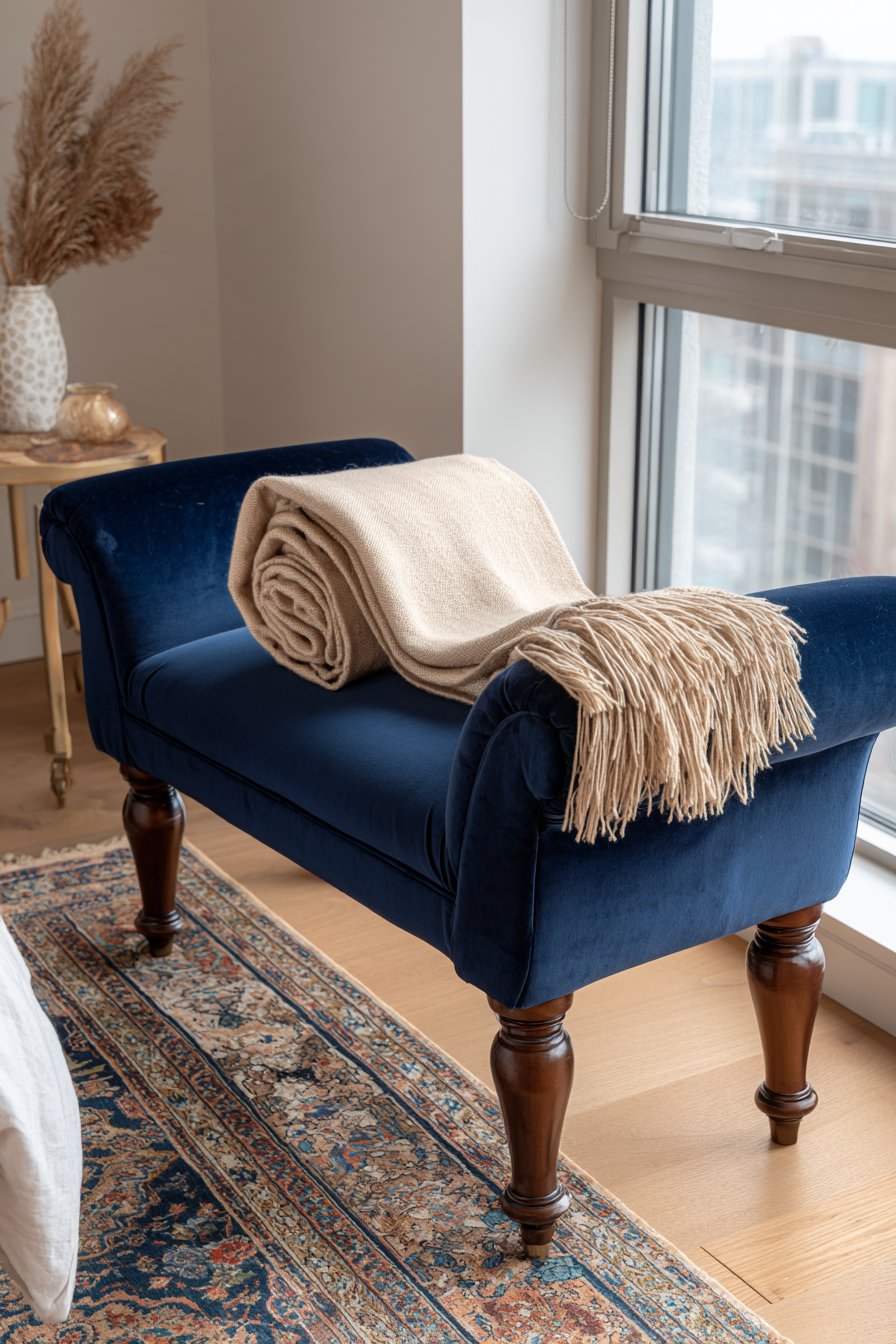 Navy Velvet Bench with Rolled Arms