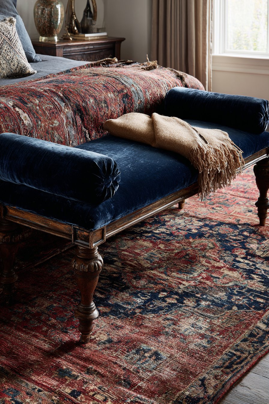 Navy Velvet Bench with Rolled Arms