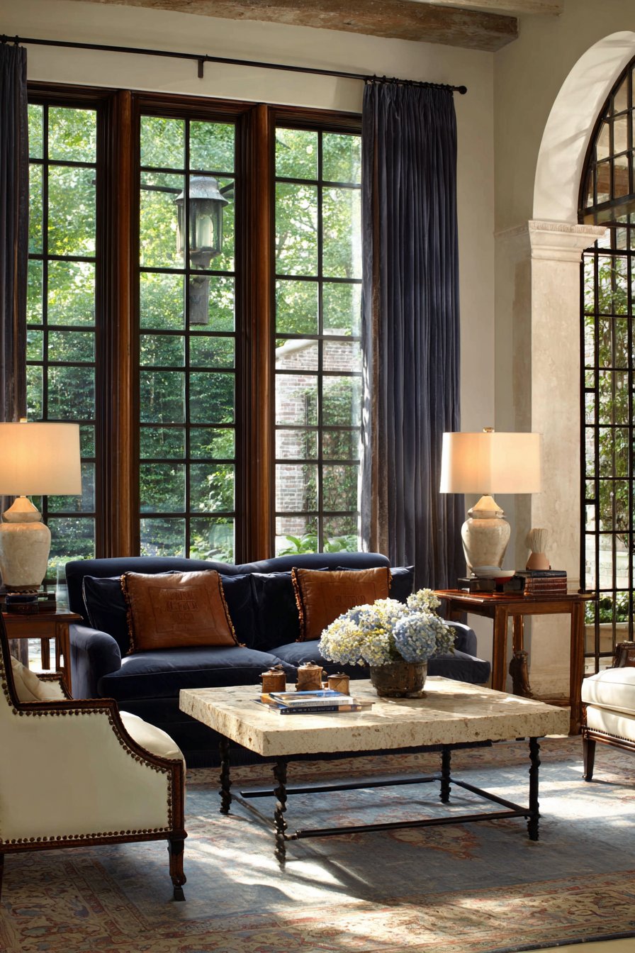 Navy Velvet Sofas with Limestone Table