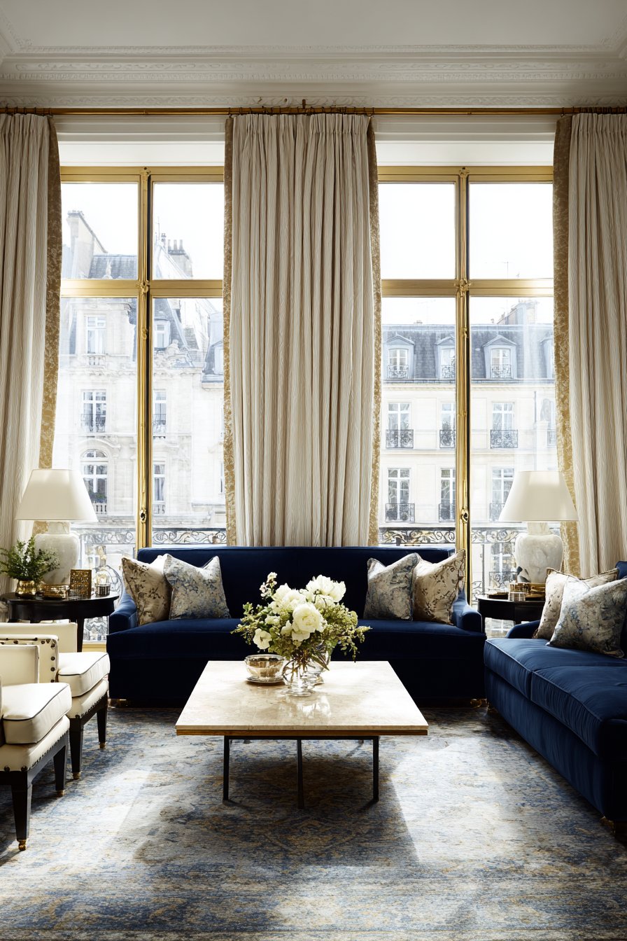 Navy Velvet Sofas with Limestone Table