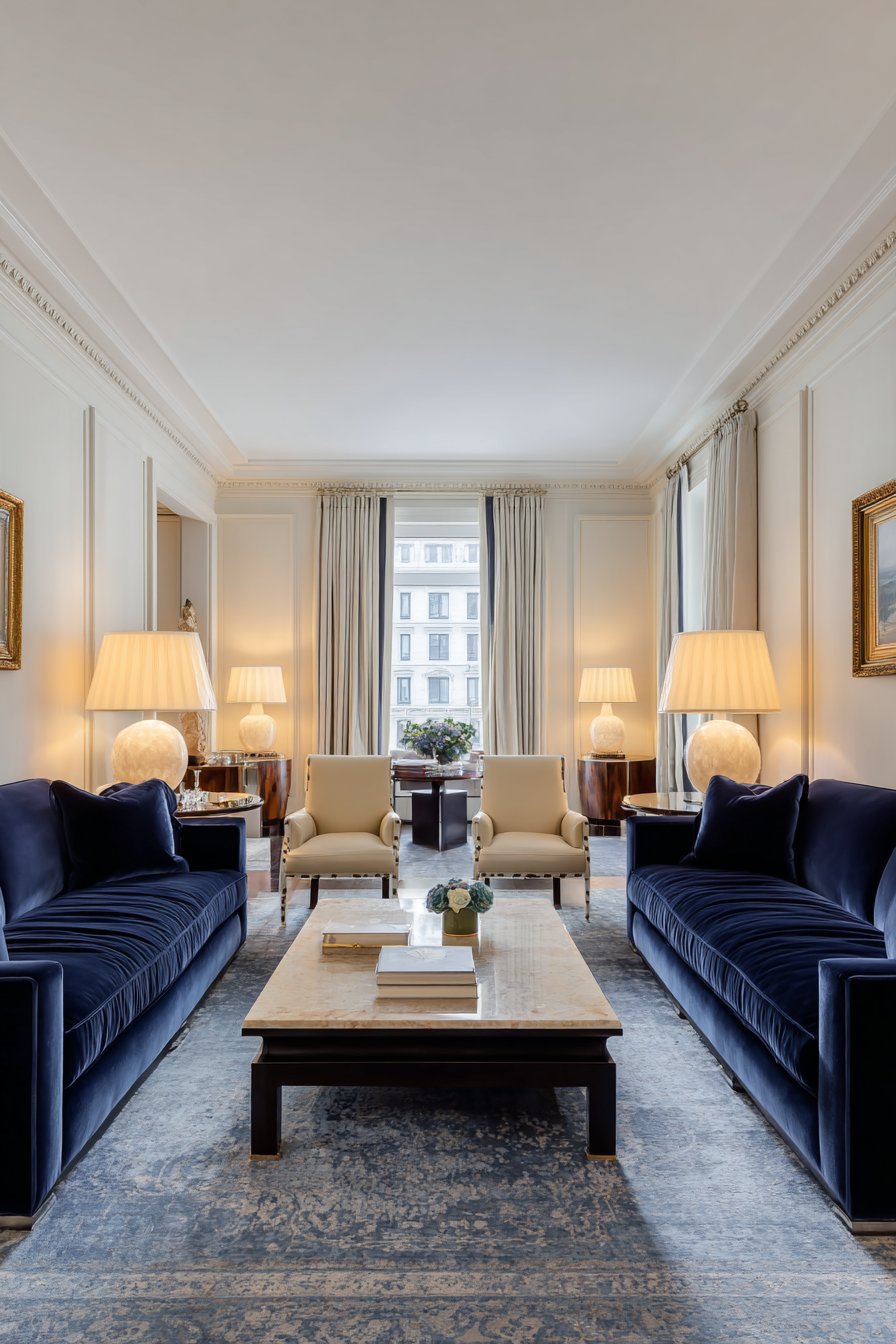 Navy Velvet Sofas with Limestone Table