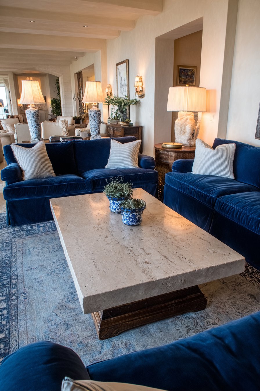 Navy Velvet Sofas with Limestone Table