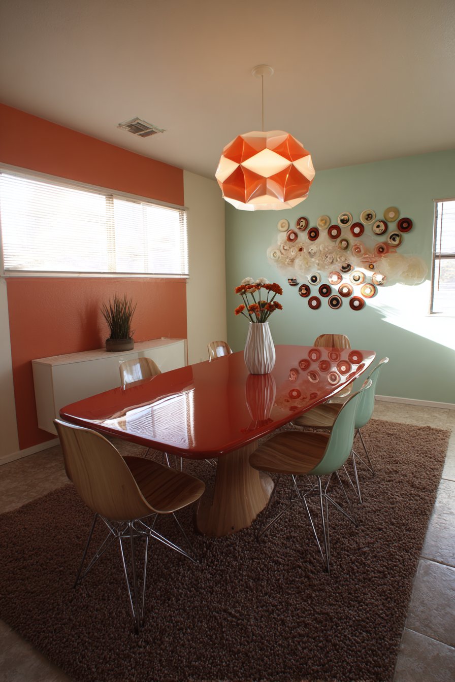 Red Lacquer with Vinyl Record Wall Treatment