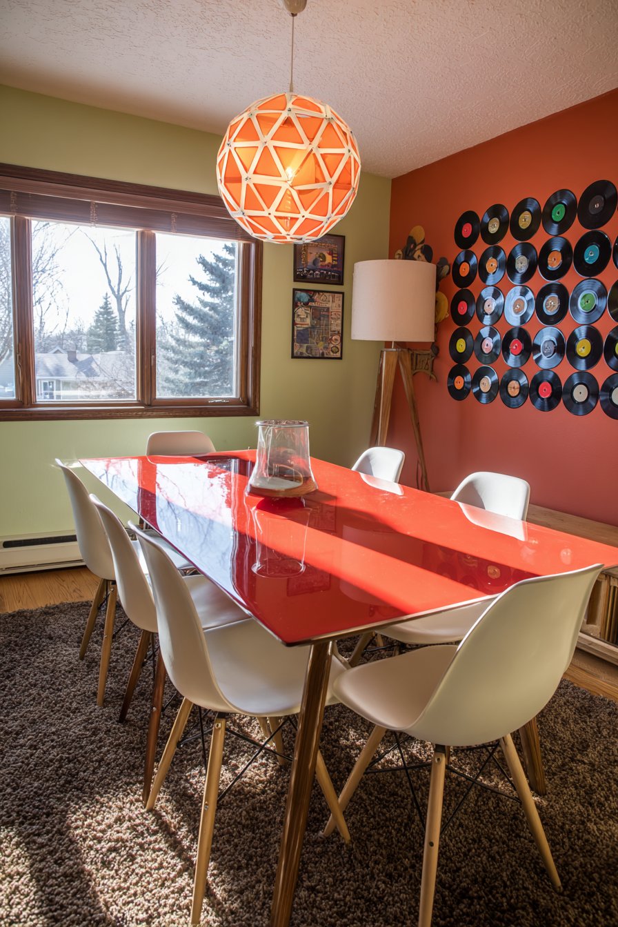 Red Lacquer with Vinyl Record Wall Treatment