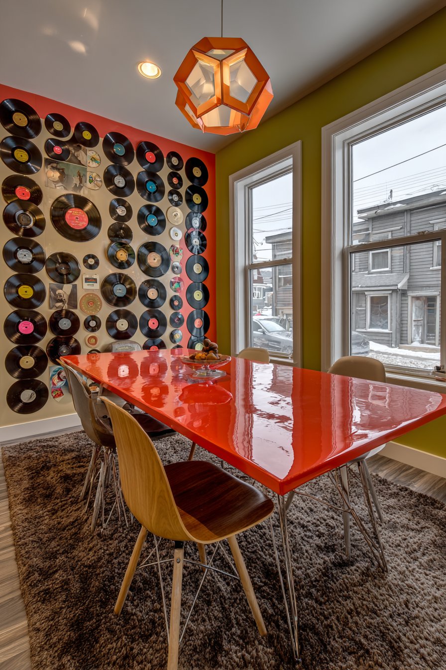 Red Lacquer with Vinyl Record Wall Treatment