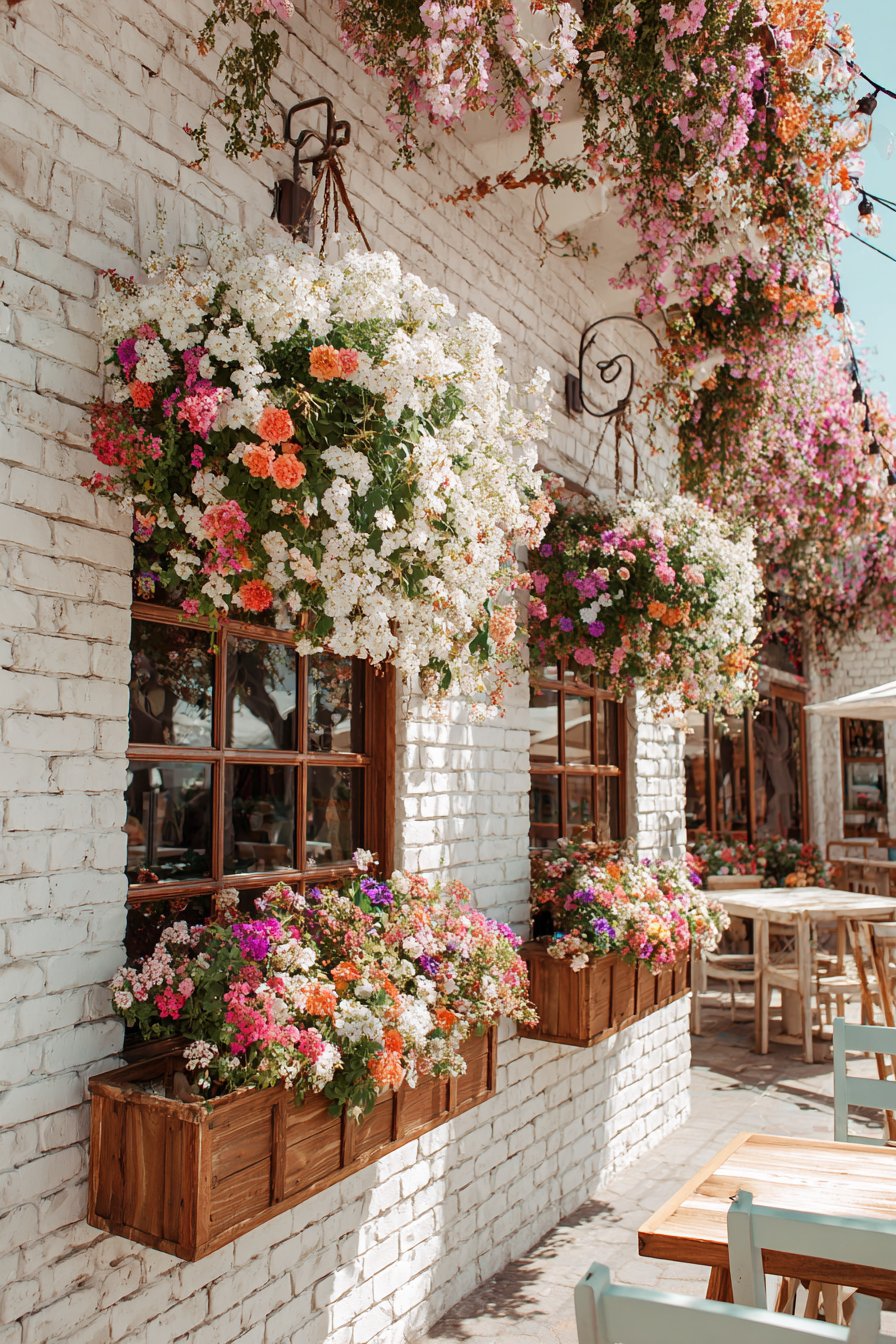  Bright Whitewashed Brick with Window Box Planters