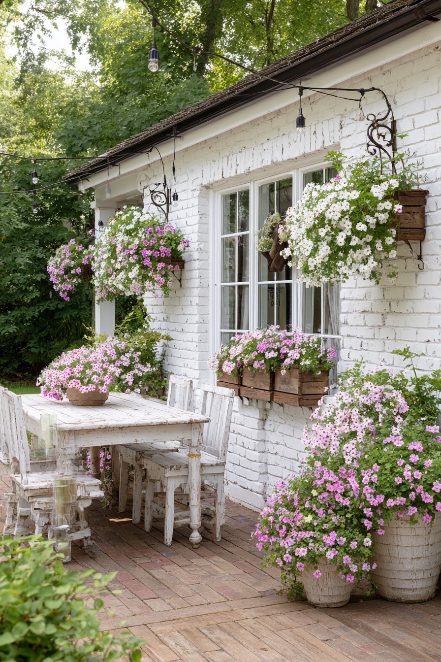  Bright Whitewashed Brick with Window Box Planters