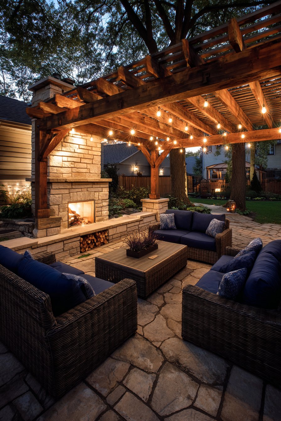 Outdoor Fireplace Integration with Heavy Timber Pergola