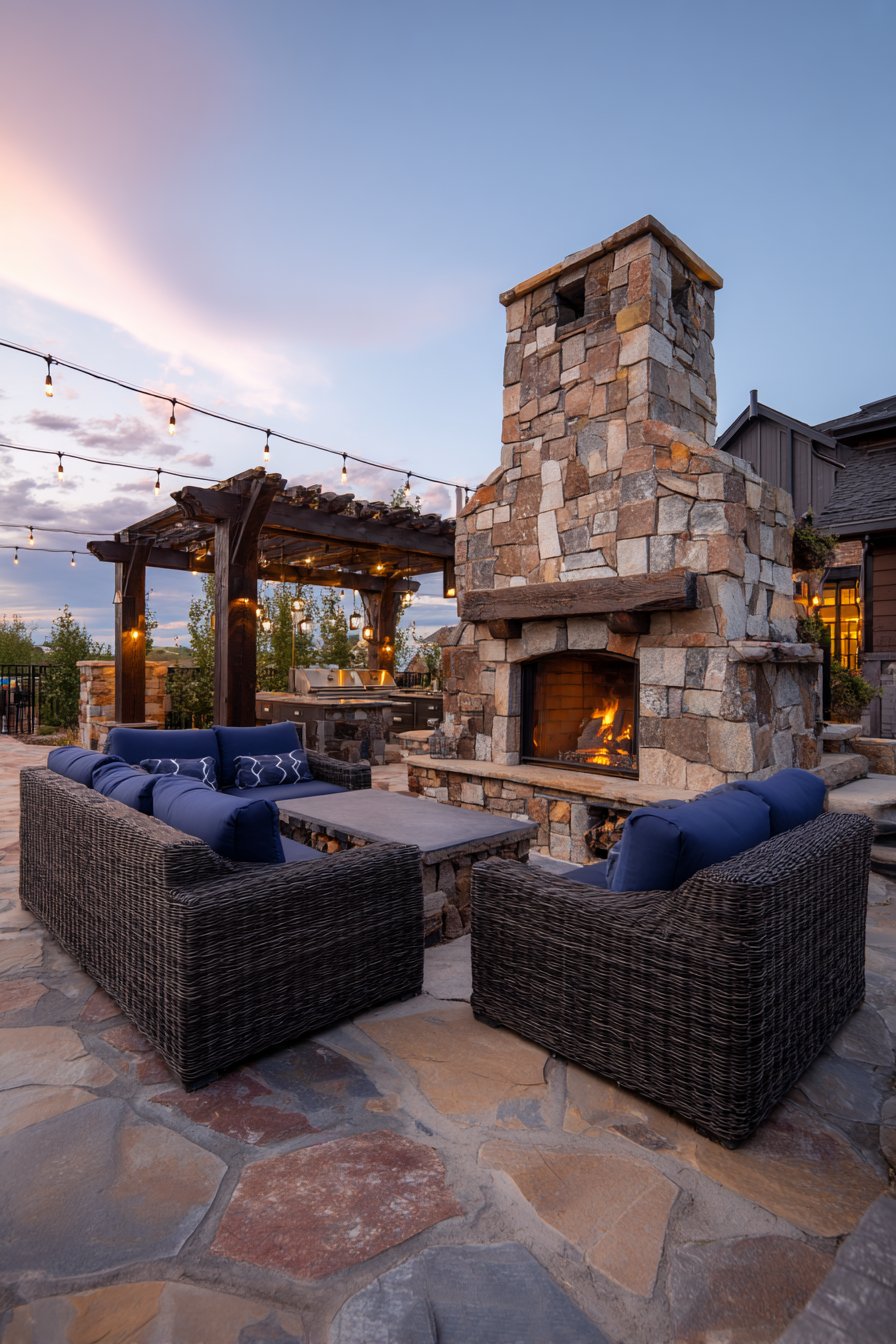 Outdoor Fireplace Integration with Heavy Timber Pergola