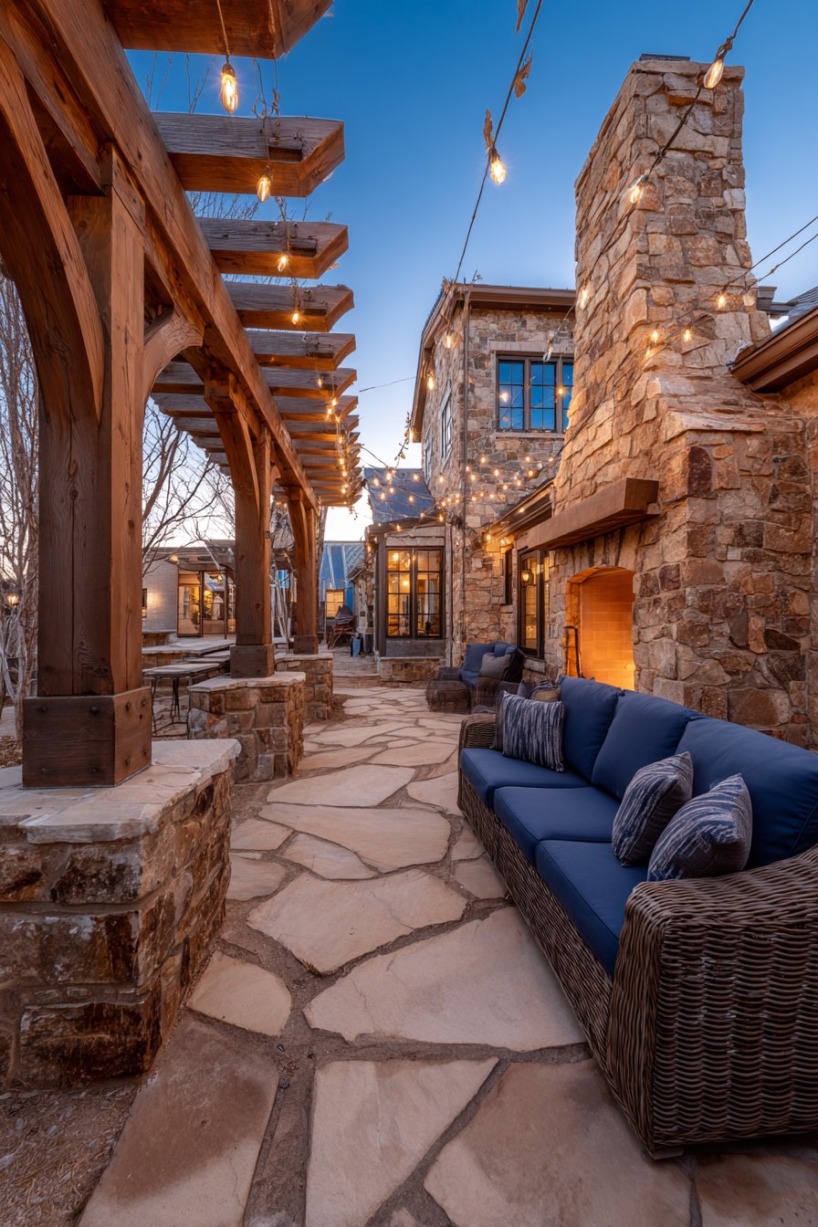 Outdoor Fireplace Integration with Heavy Timber Pergola