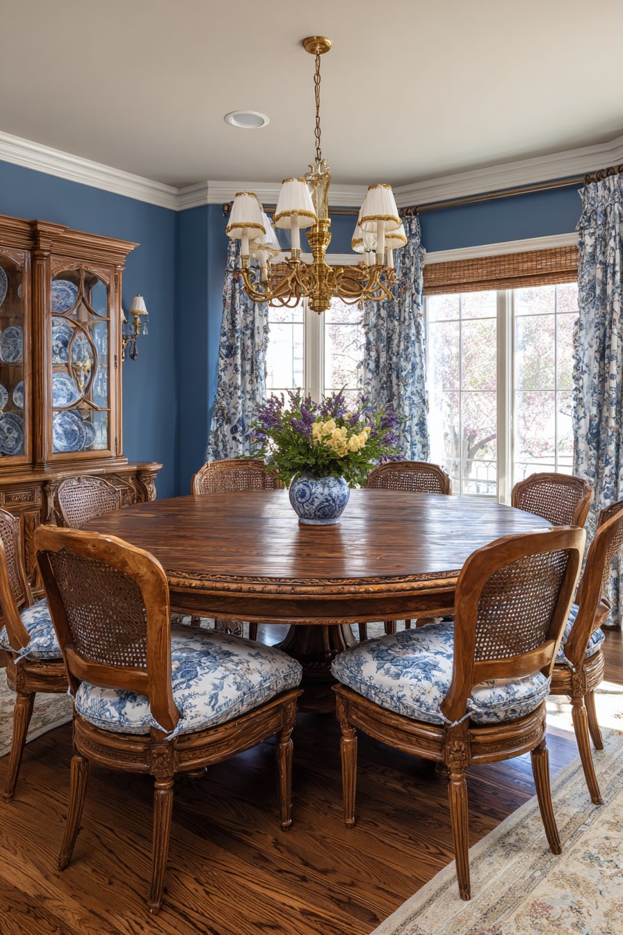 Walnut Round with Toile Upholstery