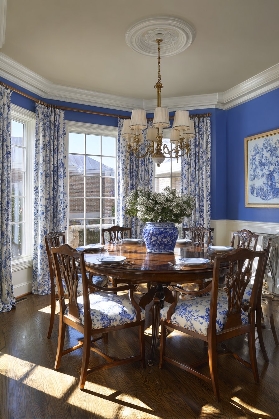 Walnut Round with Toile Upholstery