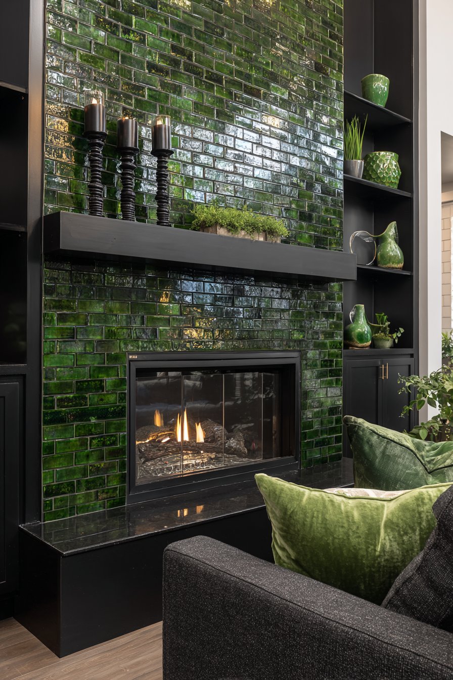 Emerald Green Tiled Fireplace with Black Grout Grid