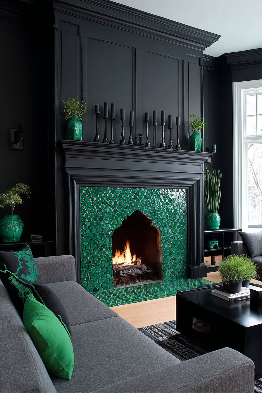 Emerald Green Tiled Fireplace with Black Grout Grid