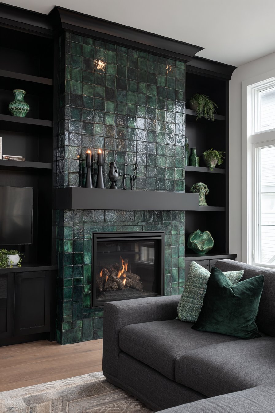 Emerald Green Tiled Fireplace with Black Grout Grid