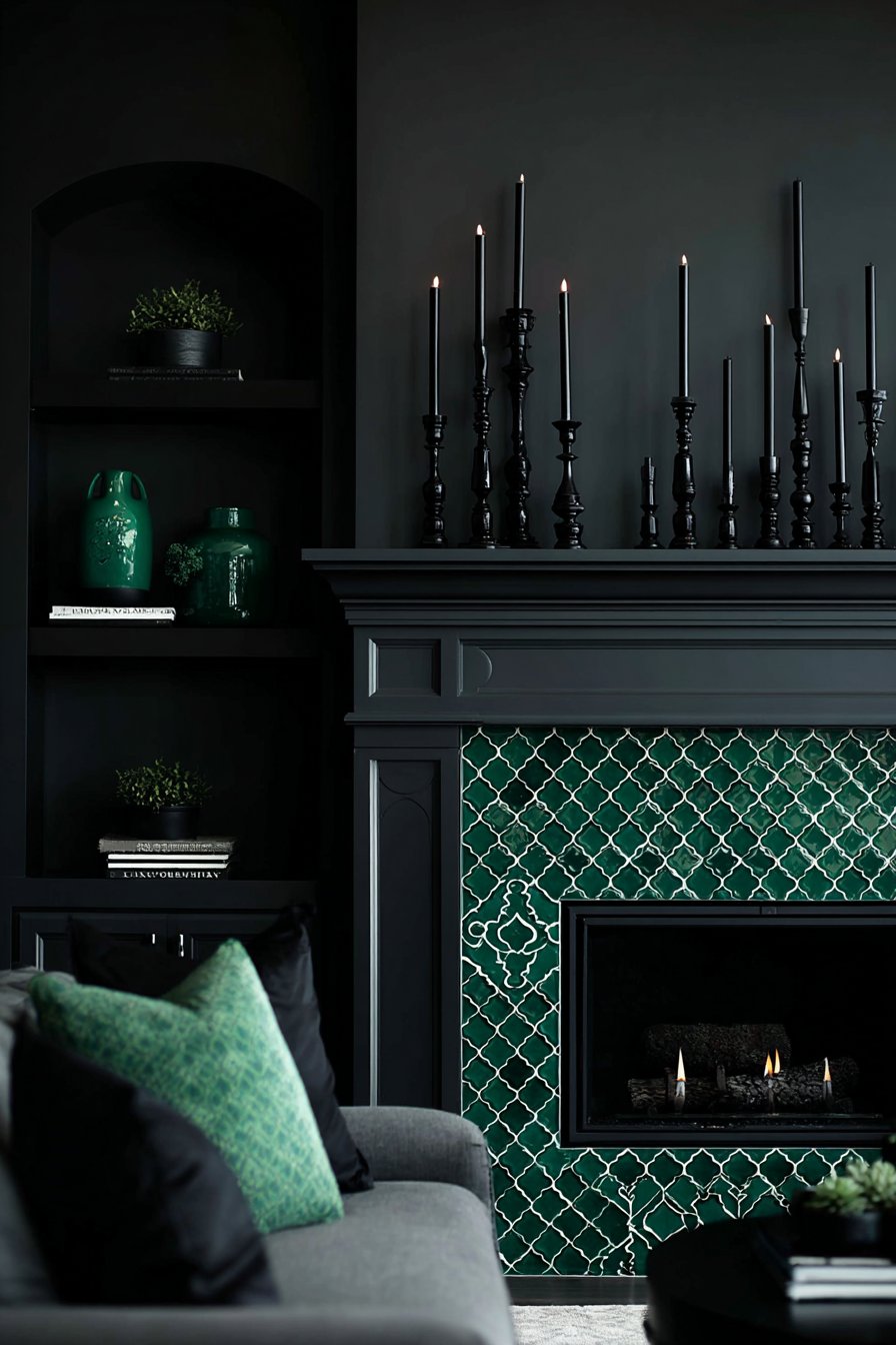 Emerald Green Tiled Fireplace with Black Grout Grid