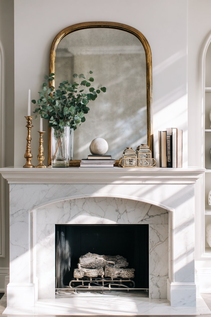 Layered Mantel Display with Gilt Mirror