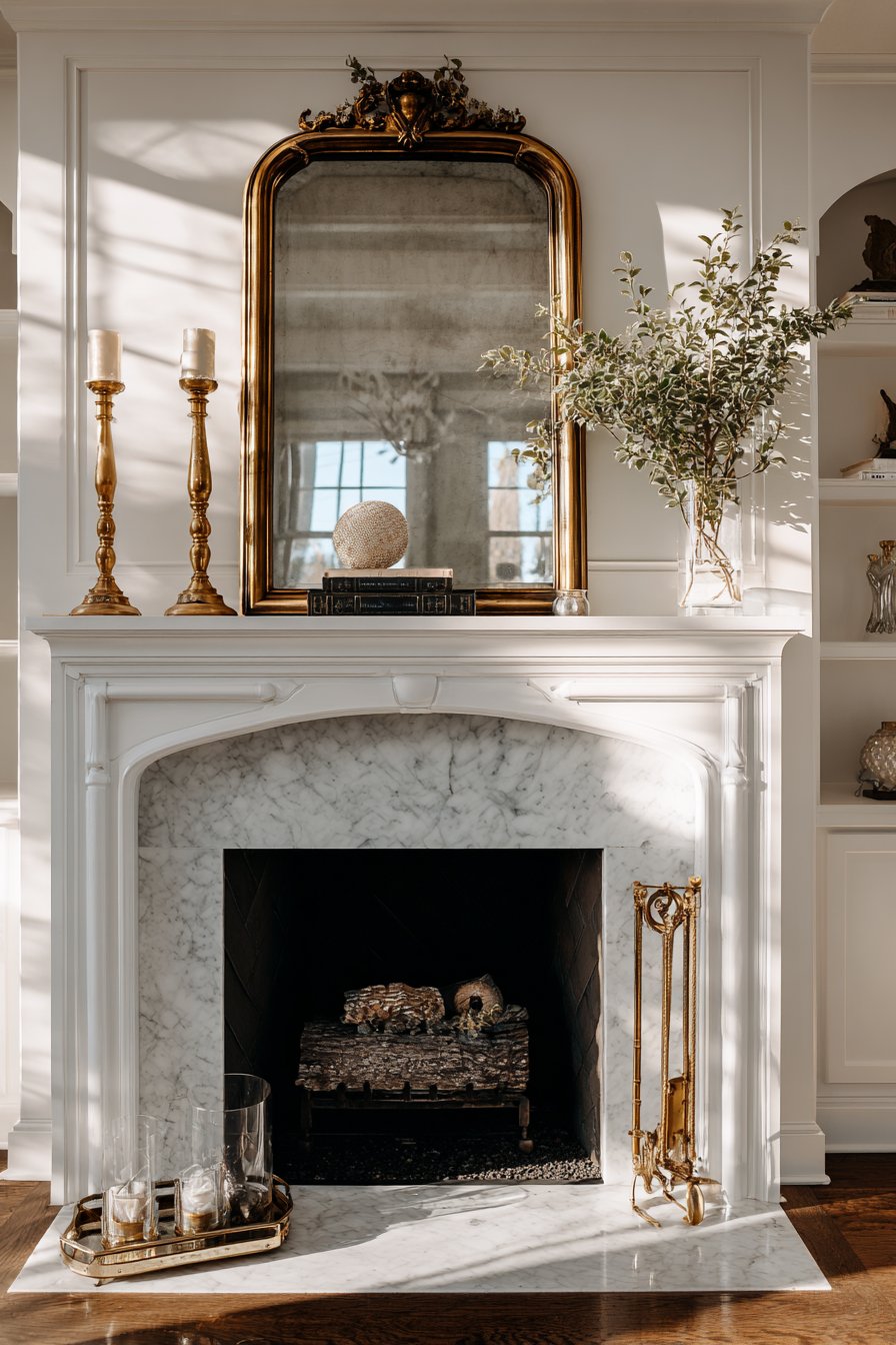 Layered Mantel Display with Gilt Mirror