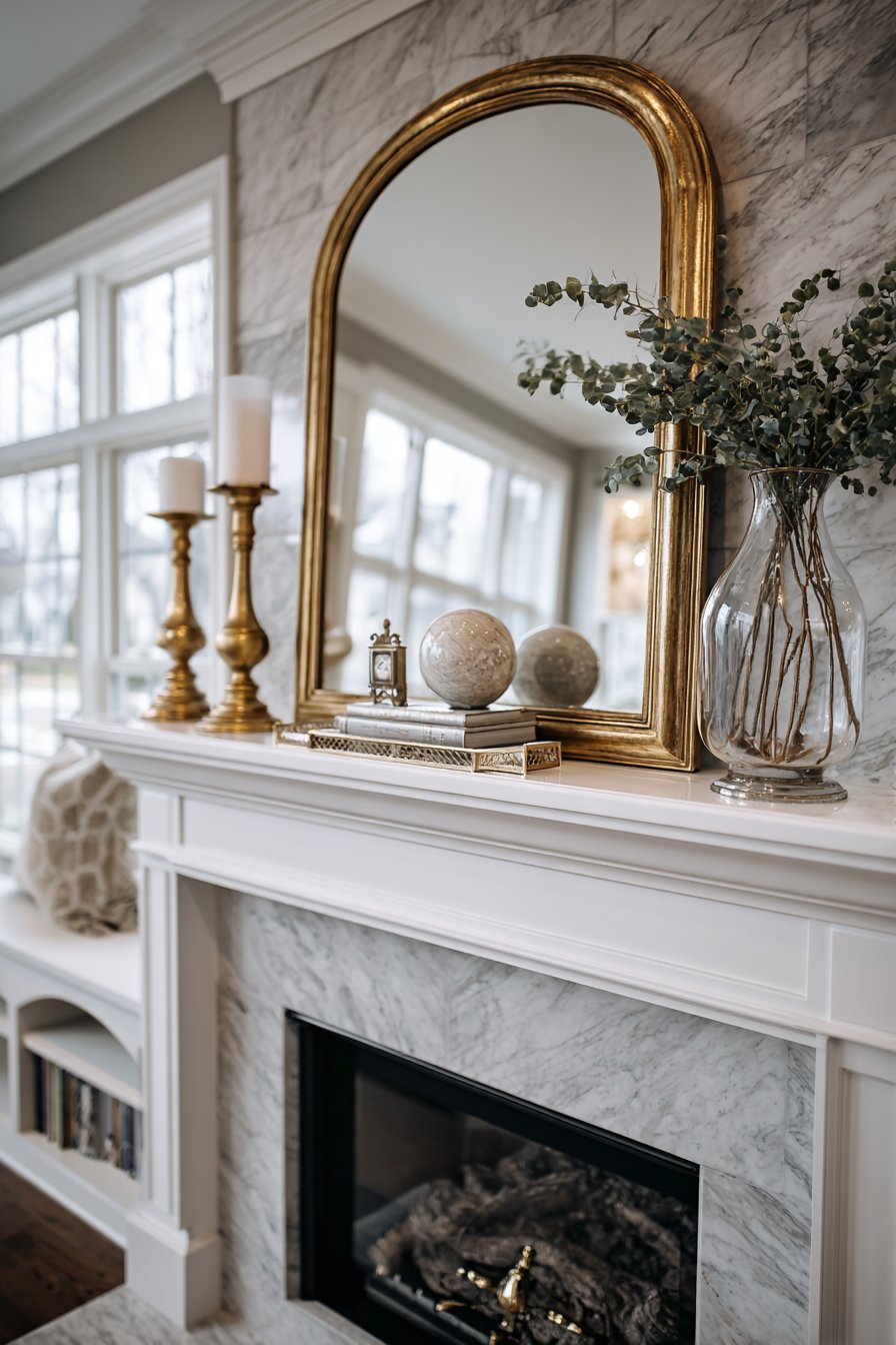 Layered Mantel Display with Gilt Mirror