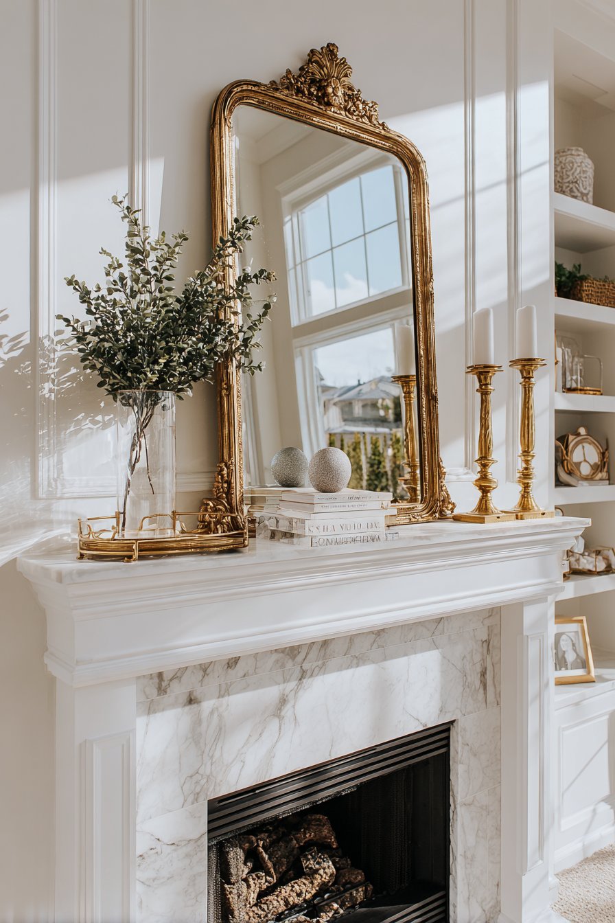 Layered Mantel Display with Gilt Mirror