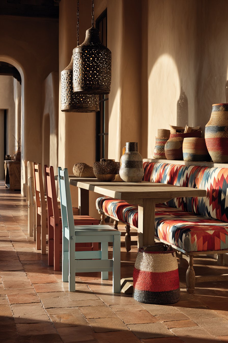 Kilim-Upholstered Bench with Global Eclectic Style