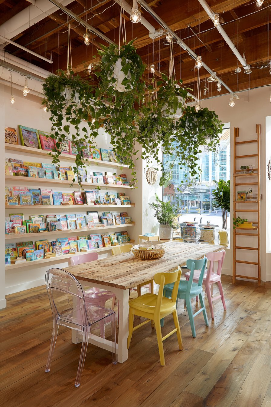 Reclaimed Wood with Rainbow School Chairs