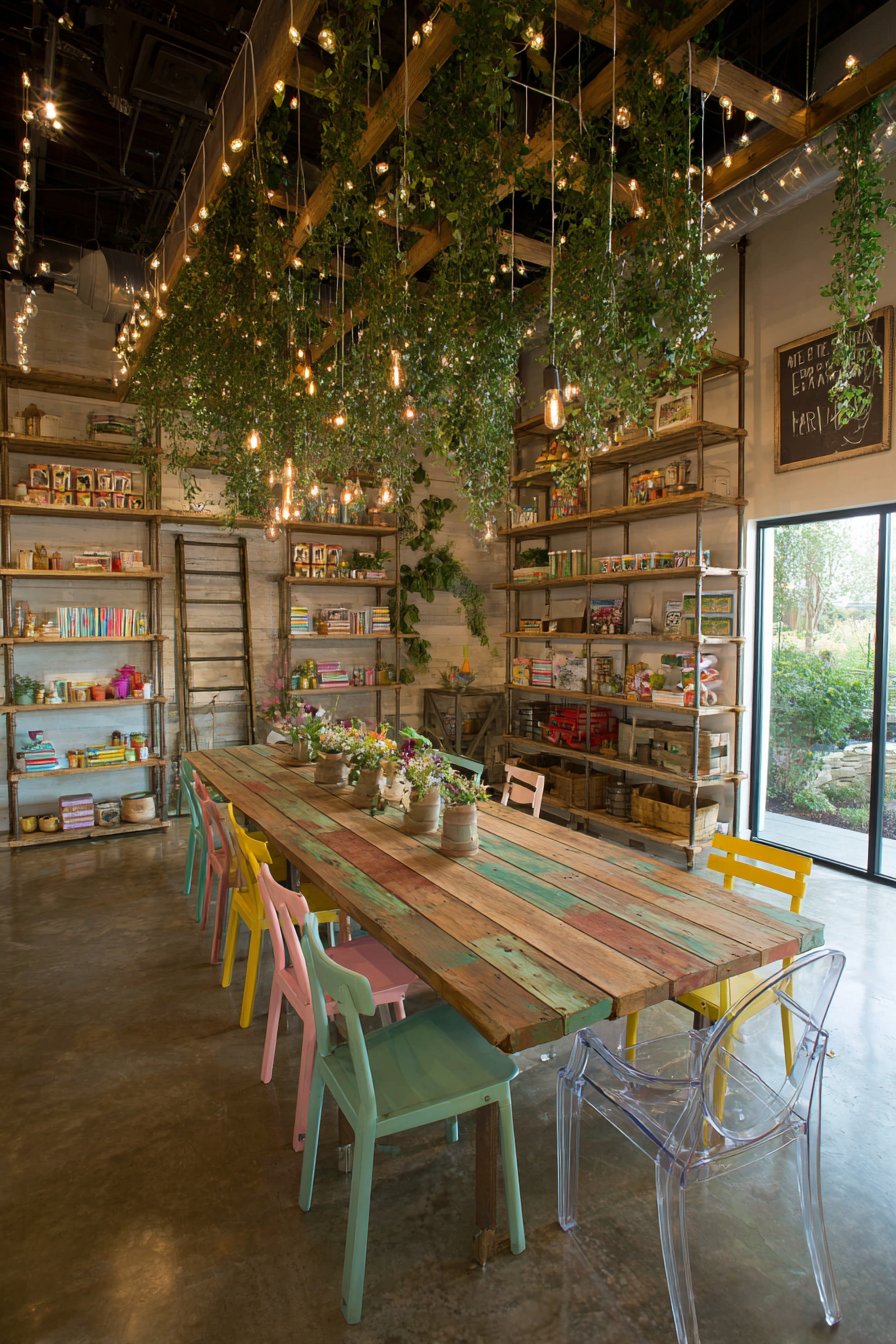 Reclaimed Wood with Rainbow School Chairs