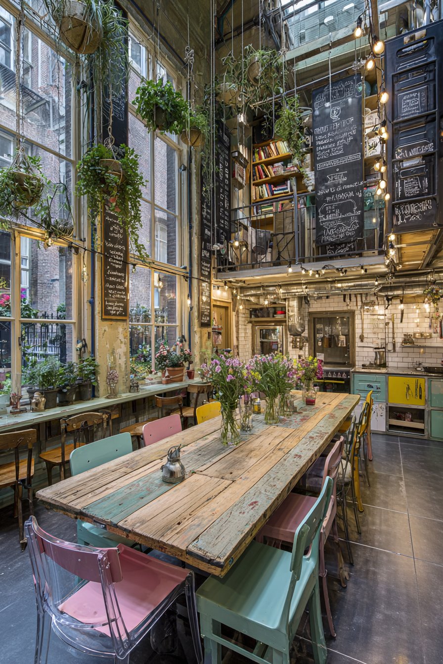 Reclaimed Wood with Rainbow School Chairs