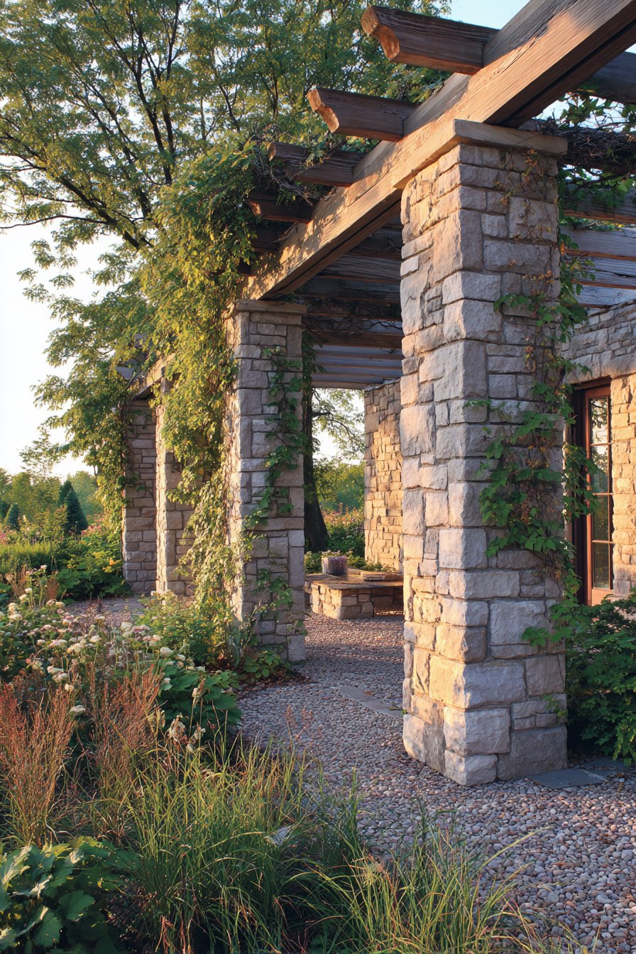 Mixed Material Stone and Timber Craftsman Pergola