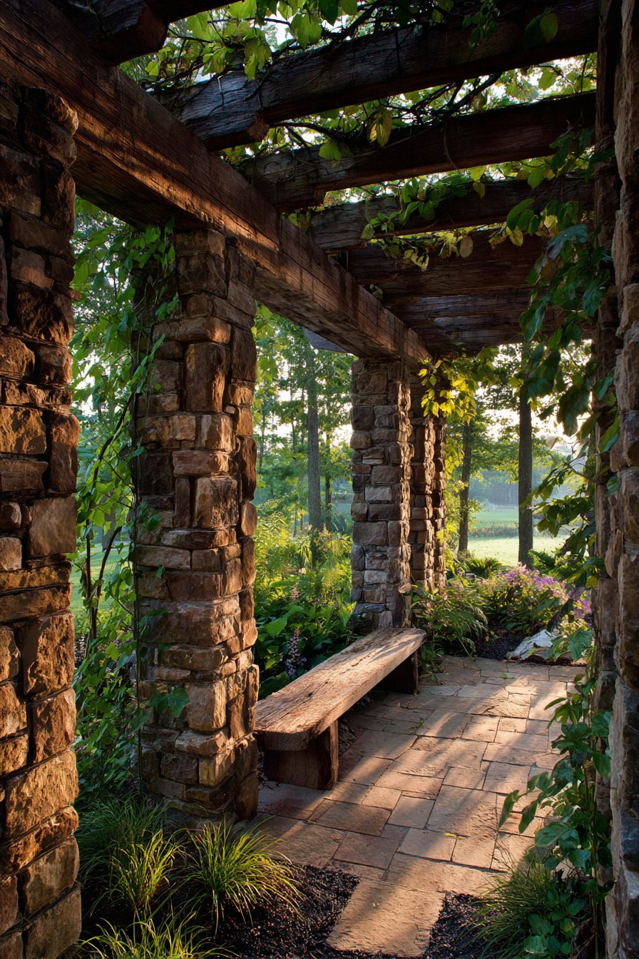 Mixed Material Stone and Timber Craftsman Pergola
