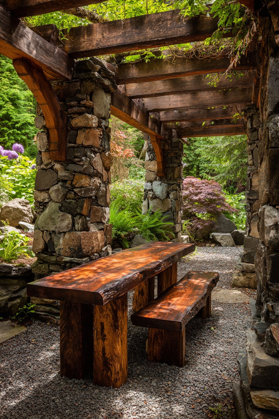 Mixed Material Stone and Timber Craftsman Pergola