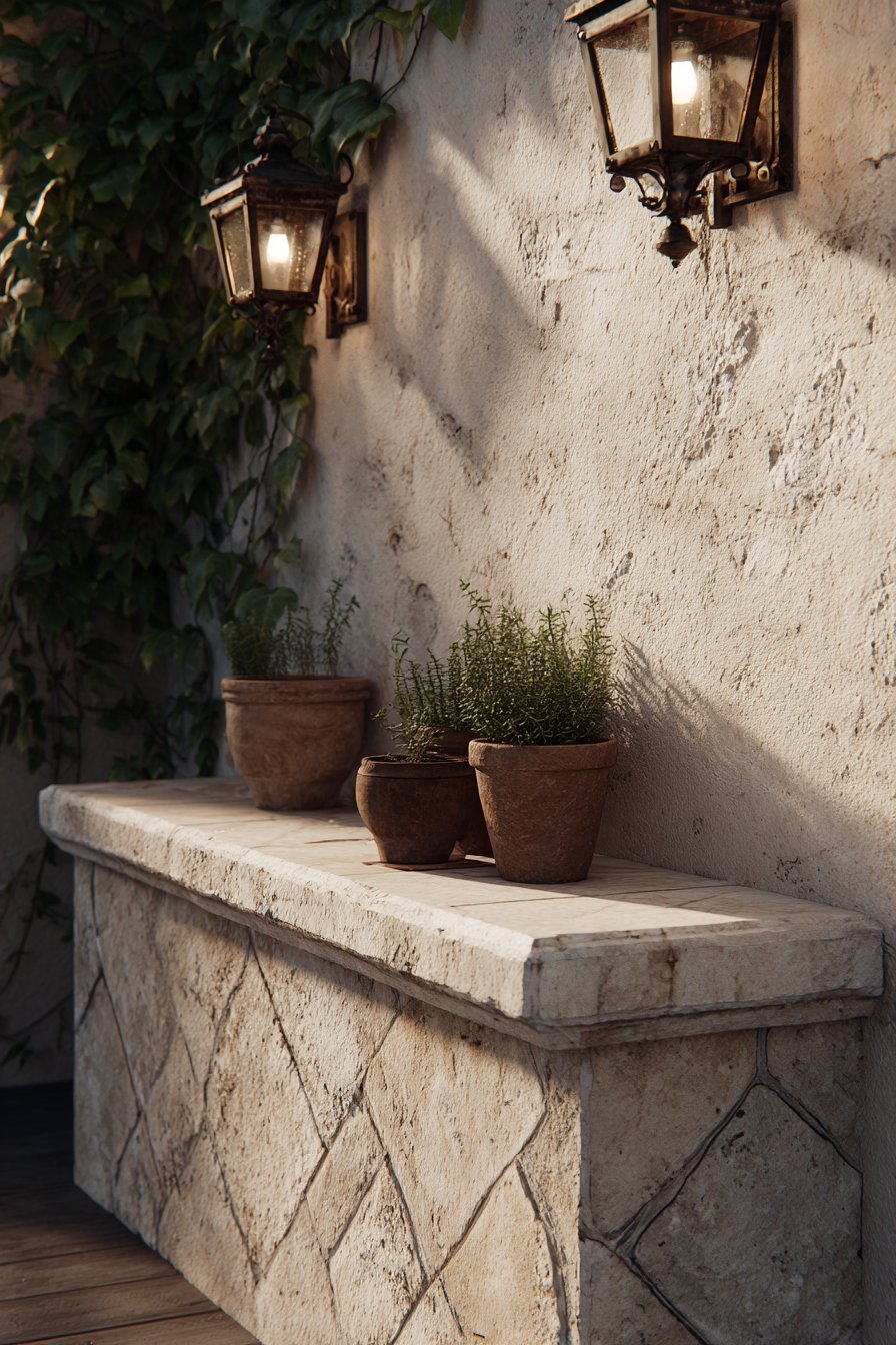 European Limestone Garden Wall with Mediterranean Herbs