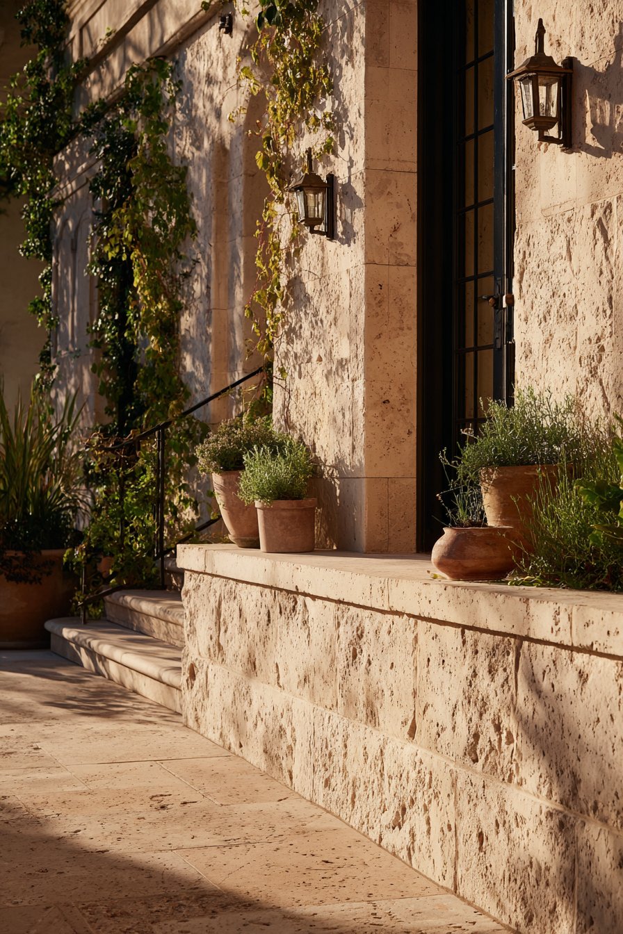 European Limestone Garden Wall with Mediterranean Herbs