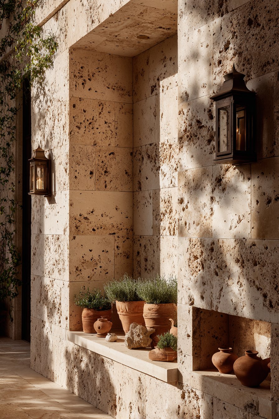 European Limestone Garden Wall with Mediterranean Herbs