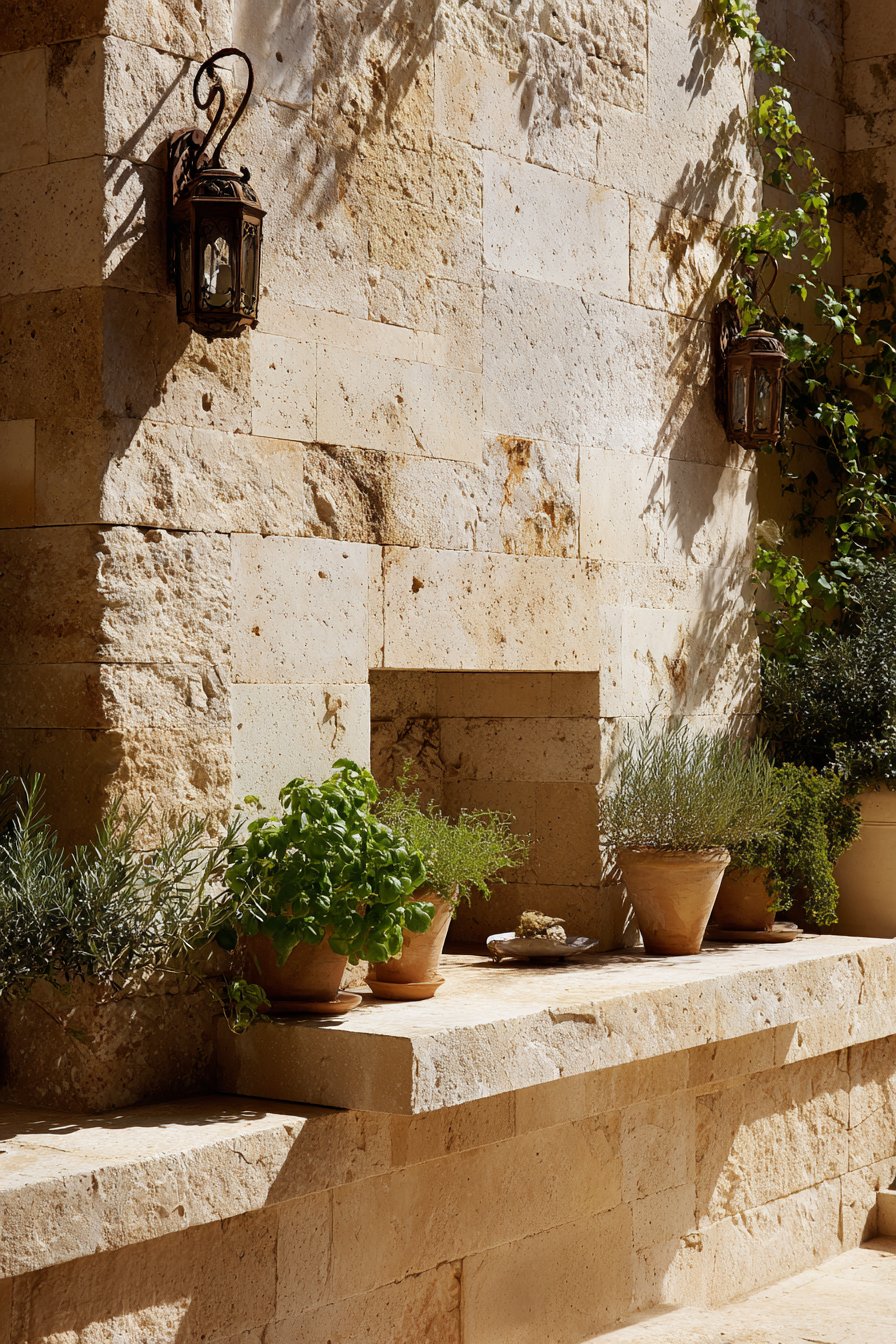 European Limestone Garden Wall with Mediterranean Herbs
