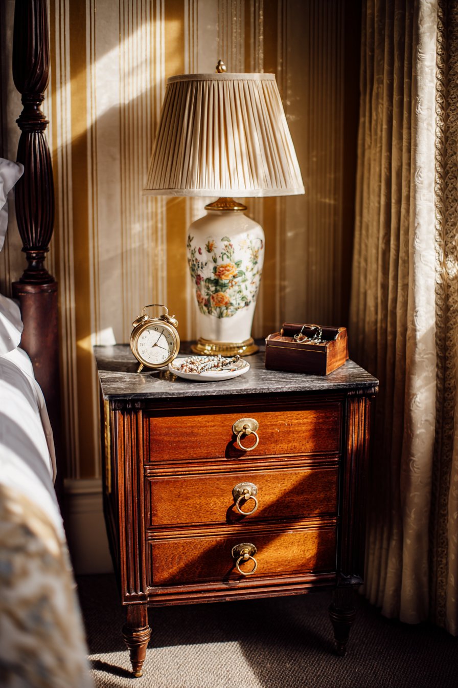 Cherry Wood Nightstand with Brass Hardware