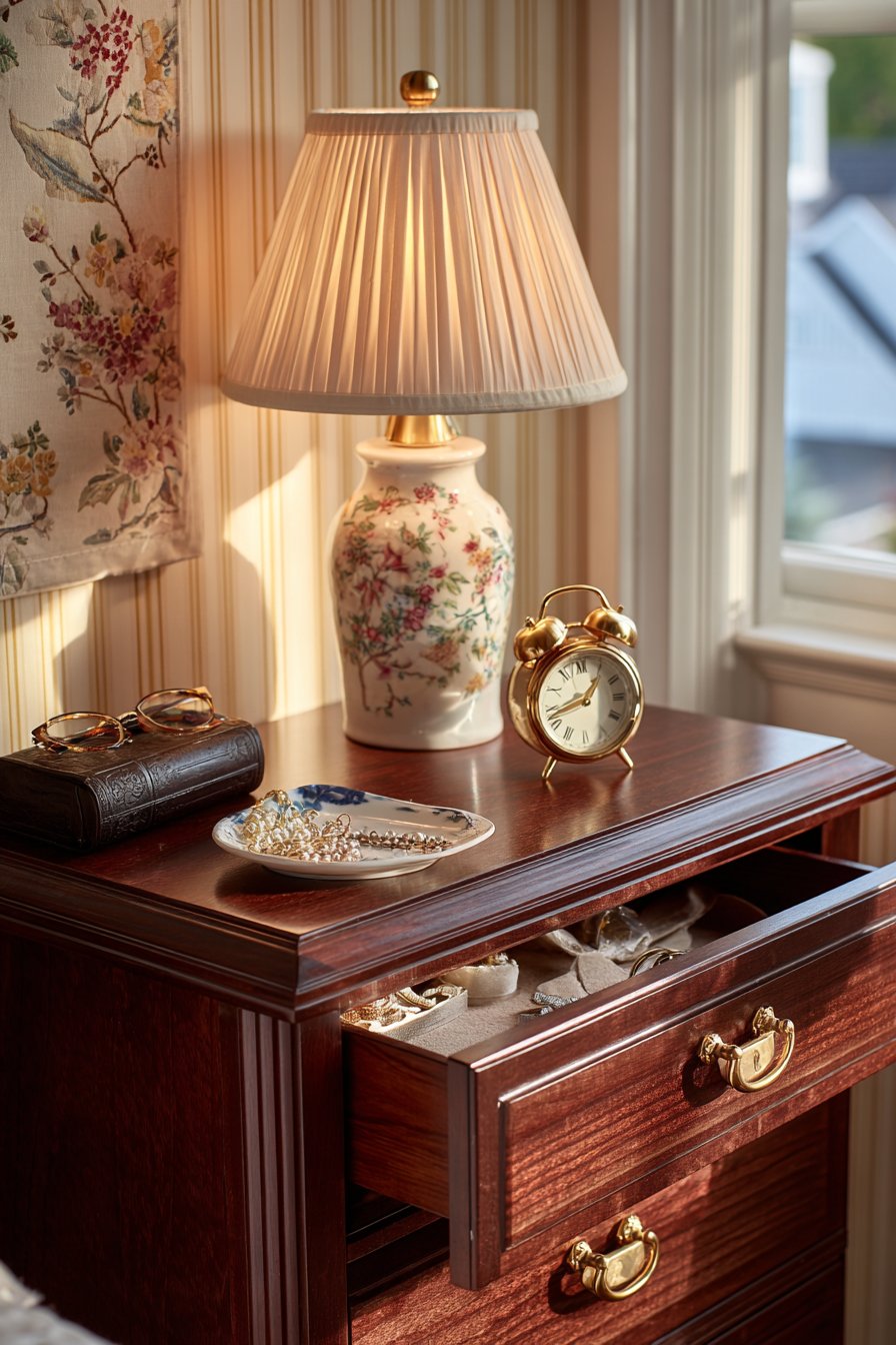 Cherry Wood Nightstand with Brass Hardware