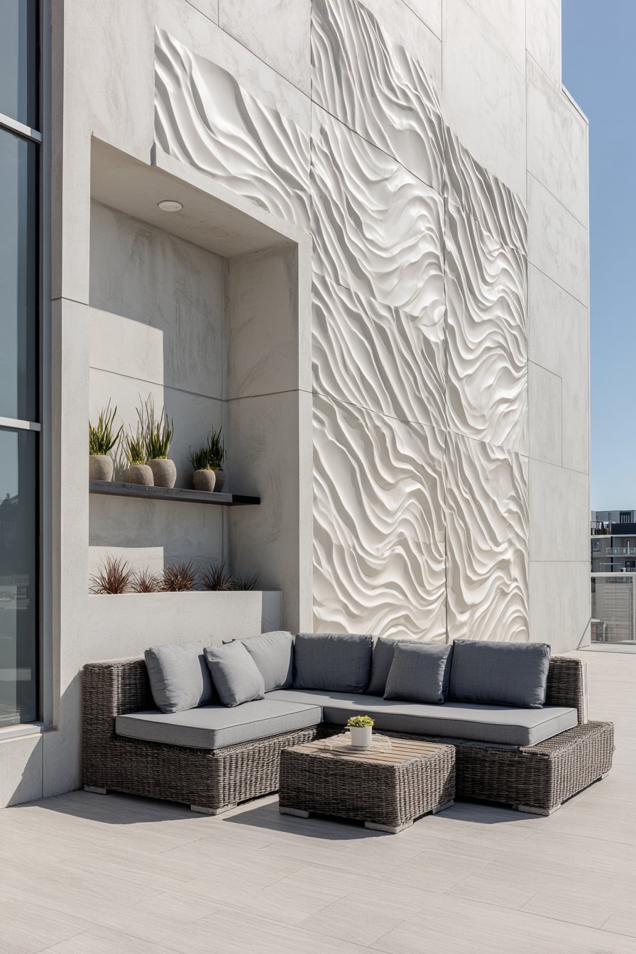 Sculptural Wave-Pattern Concrete Panel Art