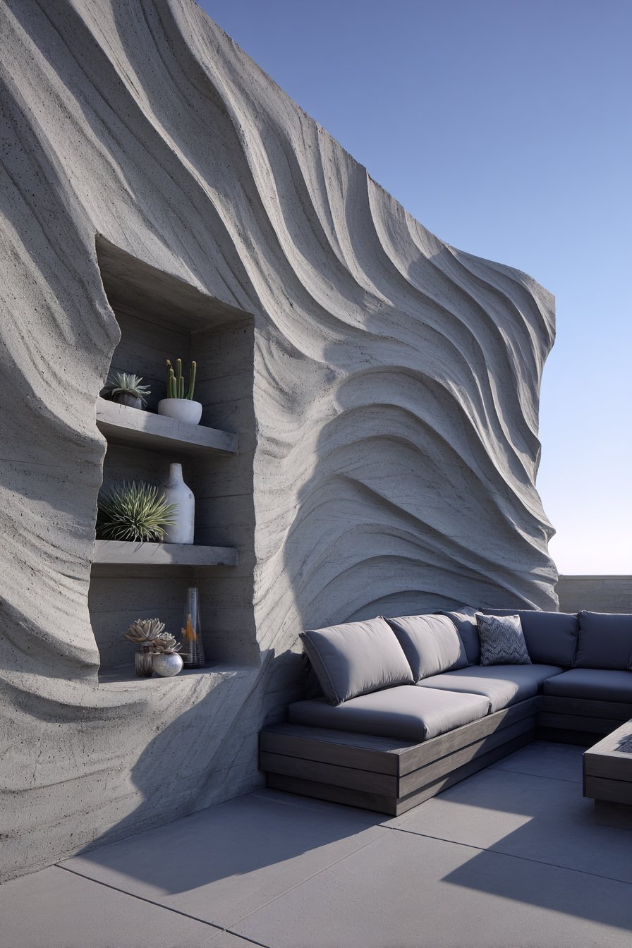 Sculptural Wave-Pattern Concrete Panel Art