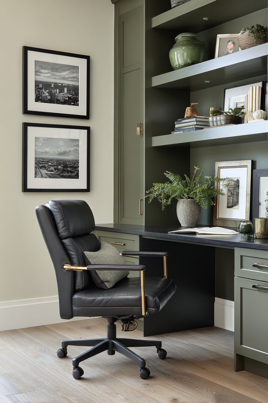 Built-In Office Nook with Forest Green Shelving