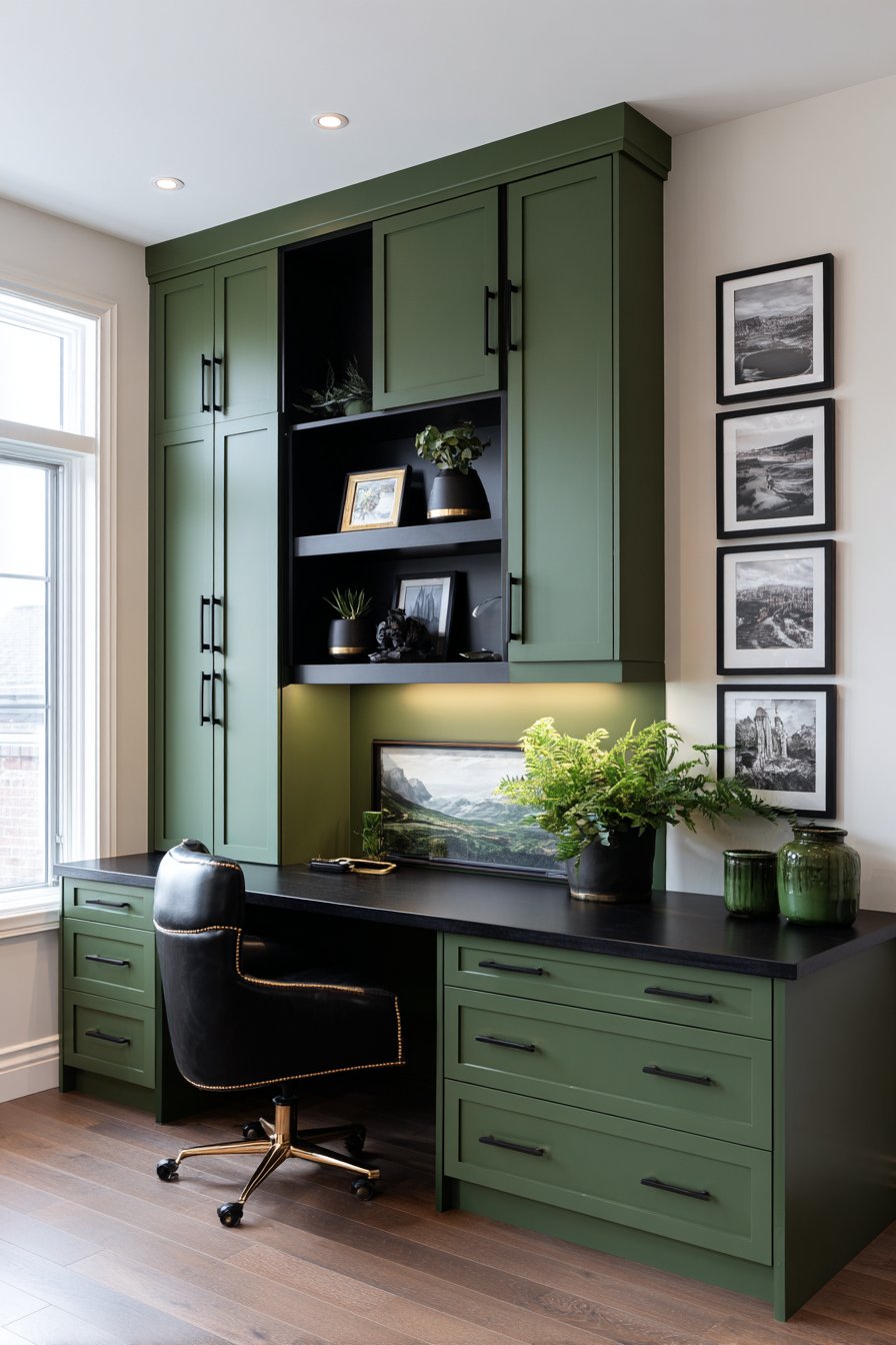 Built-In Office Nook with Forest Green Shelving