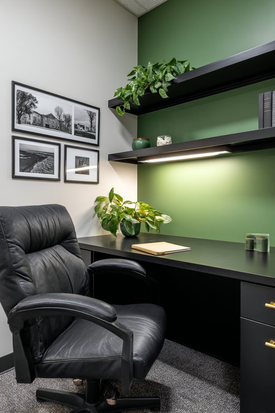 Built-In Office Nook with Forest Green Shelving