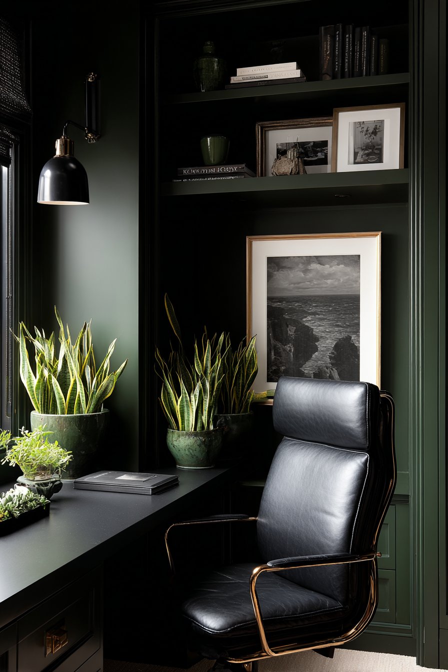 Built-In Office Nook with Forest Green Shelving