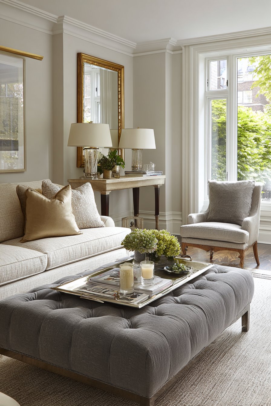 Gray Velvet Ottoman as Coffee Table
